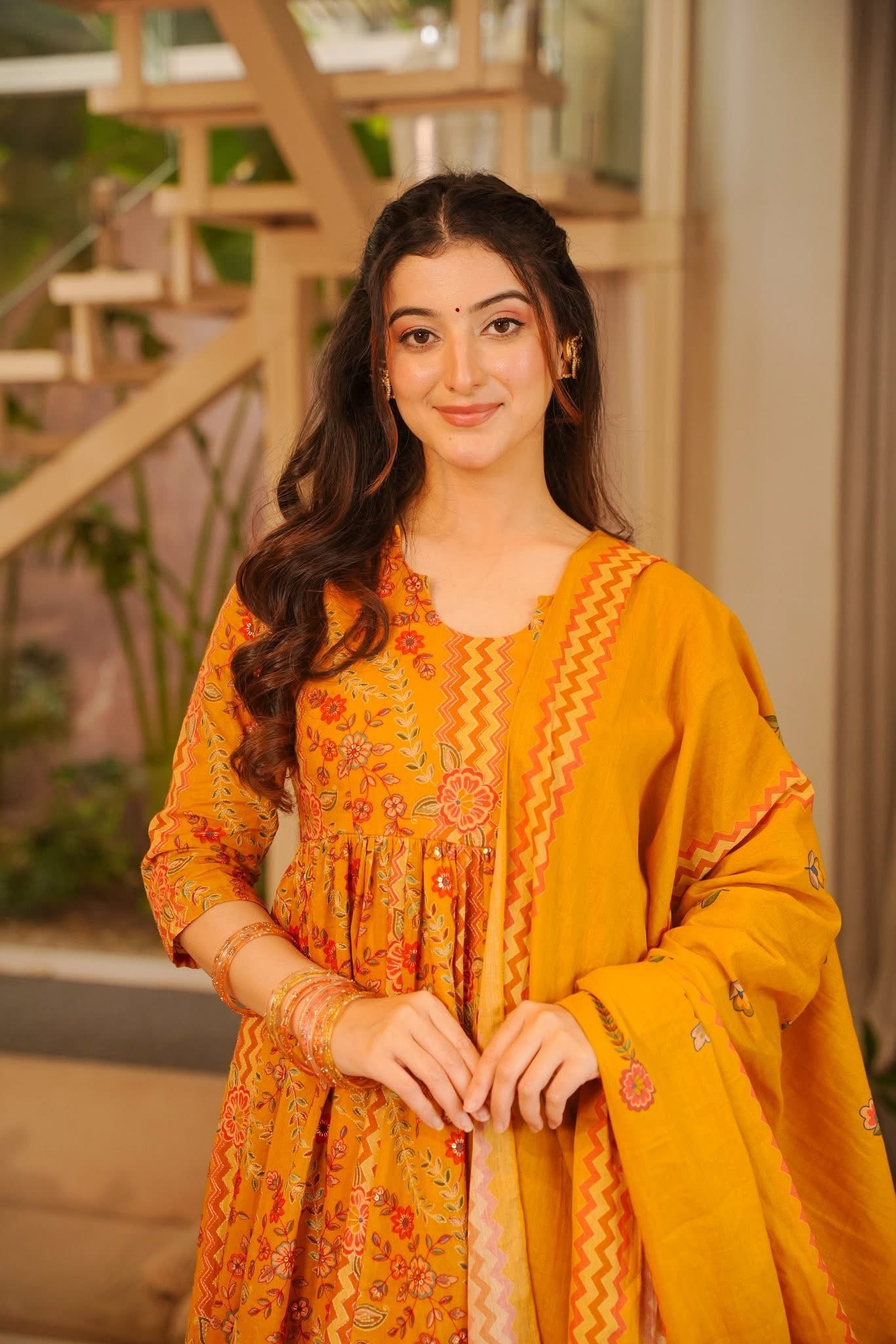 Bavira Yellow Cotton Anarkali Suit Set