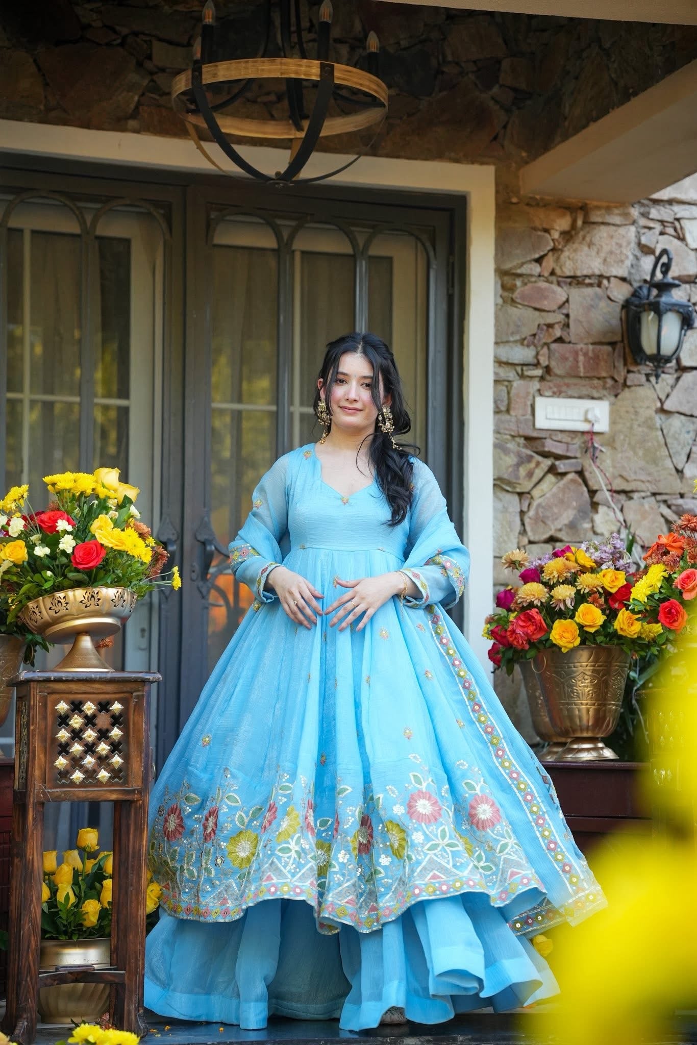 open lace back dress Buy Skywash Organza Anarkali Suit Set Online in India