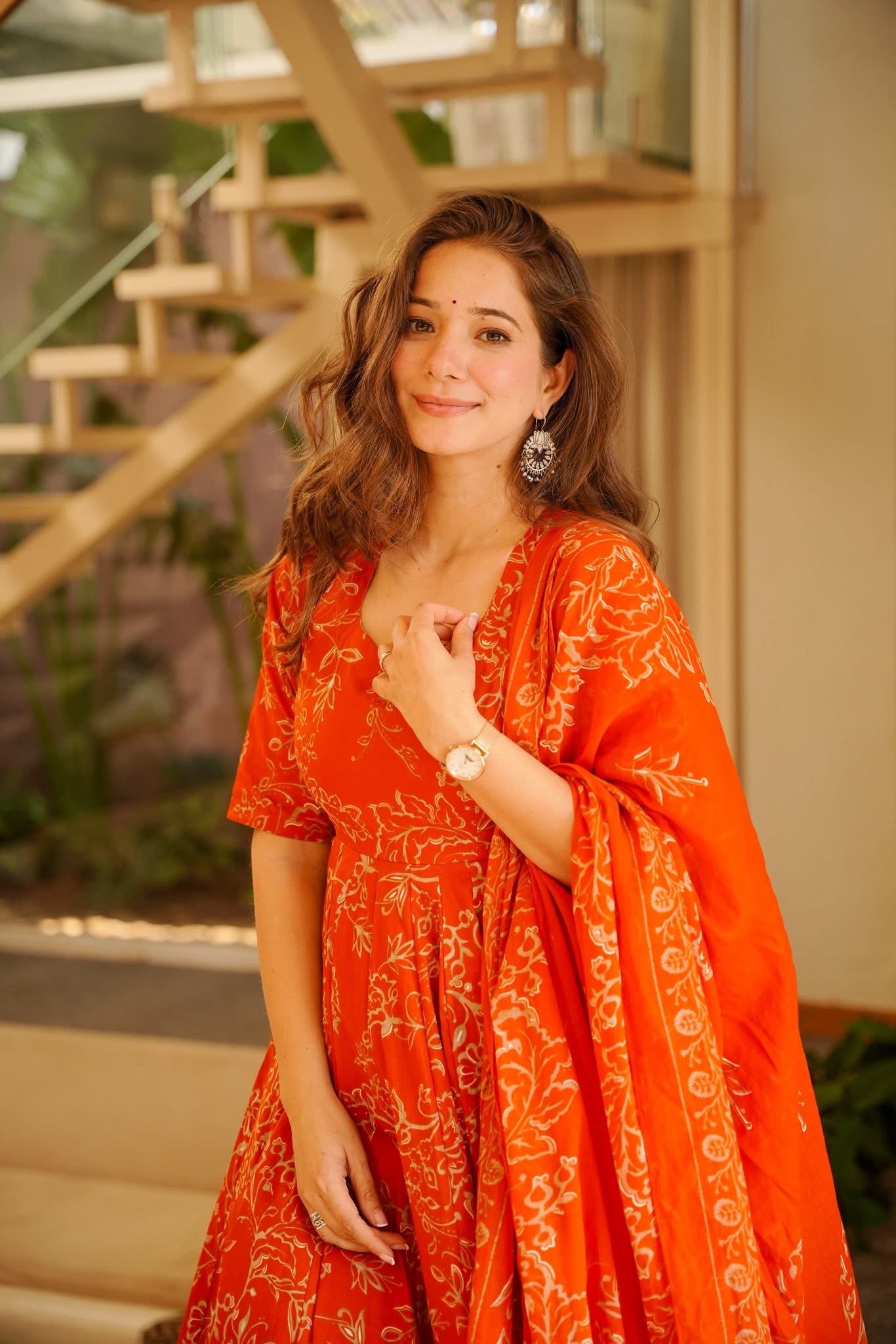 Rujul Orange Cotton Anarkali Suit Set