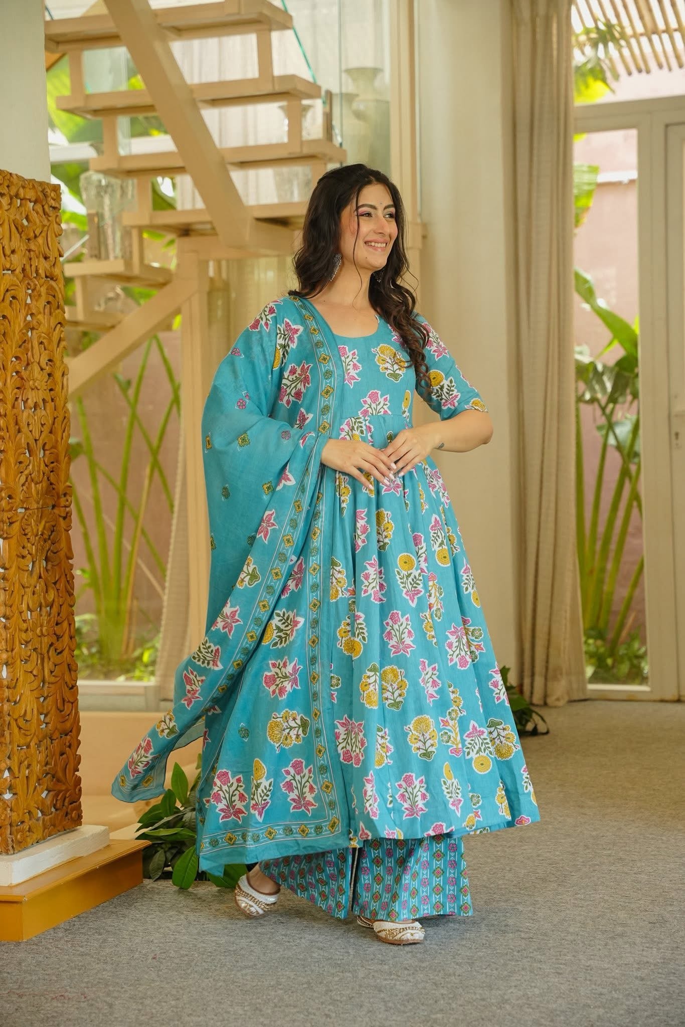 Netrika Floral Cotton Anarkali Suit Set