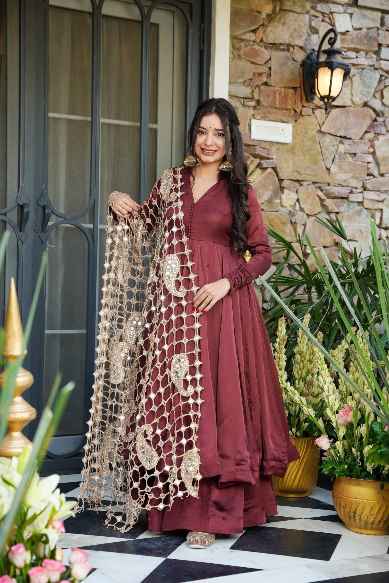 brown anarkali dress Women's Brown Silk Anarkali Set Brown / S main image 1