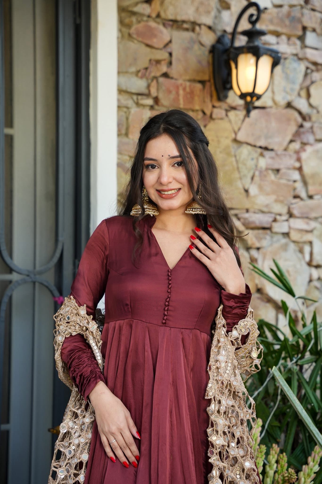 Samragyaa Brown Trendy Anarkali Suit Set