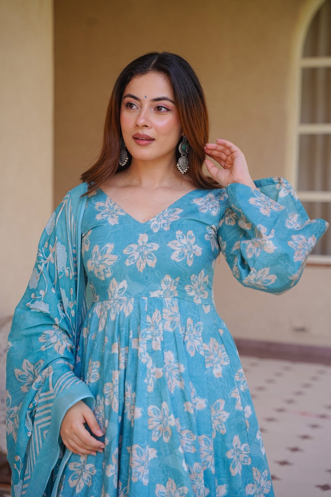 Geervani Blue Cotton Anarkali Suit Set