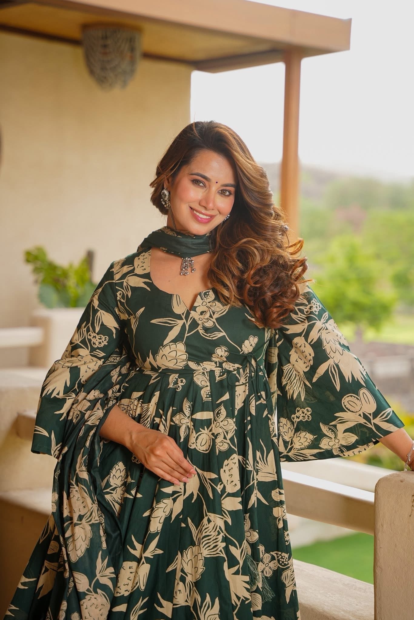 Nasrin Green Cotton Anarkali Suit Set