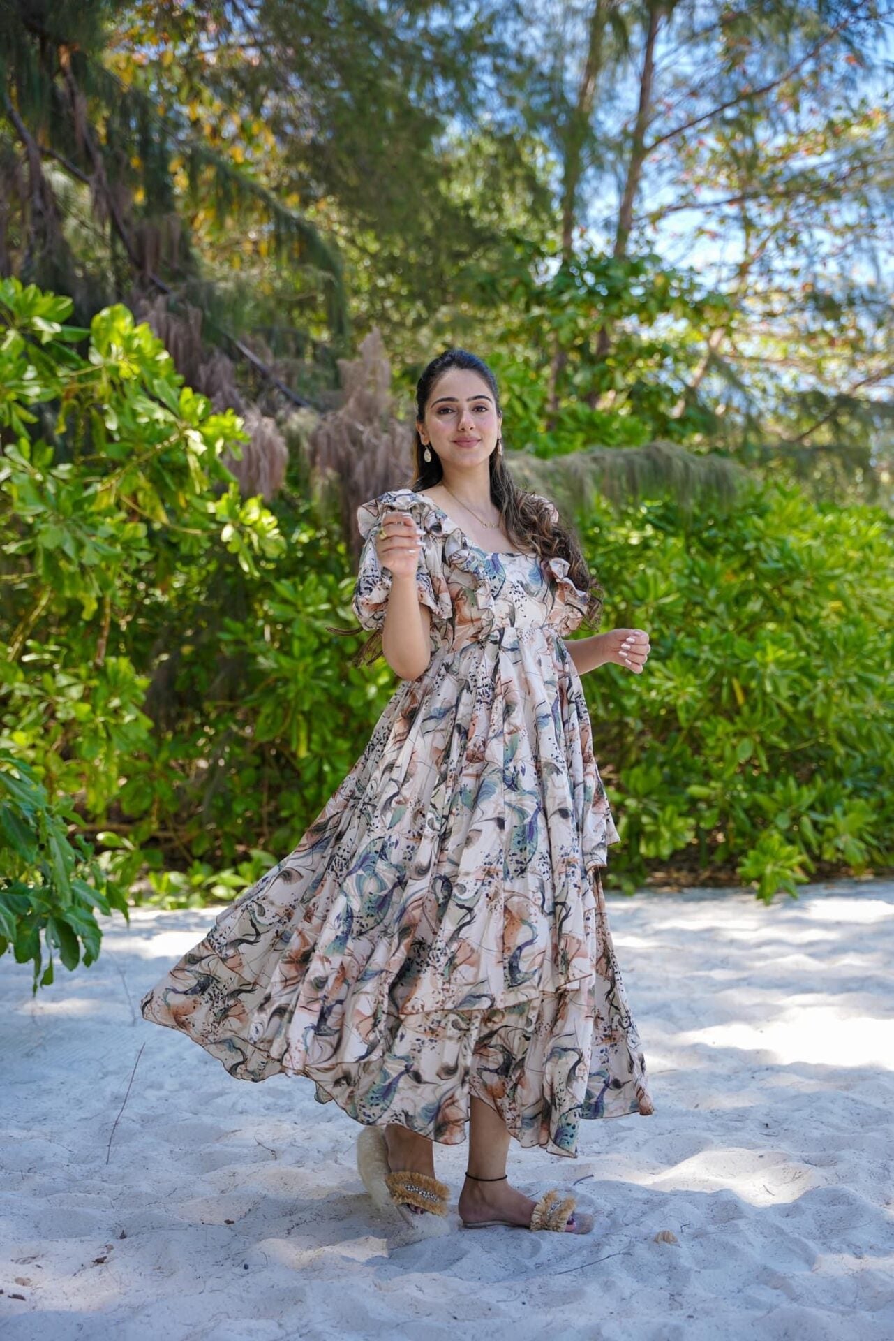 Buy Beige Designer Pearl Frill Delight Below Knee Maxi Gown Dress