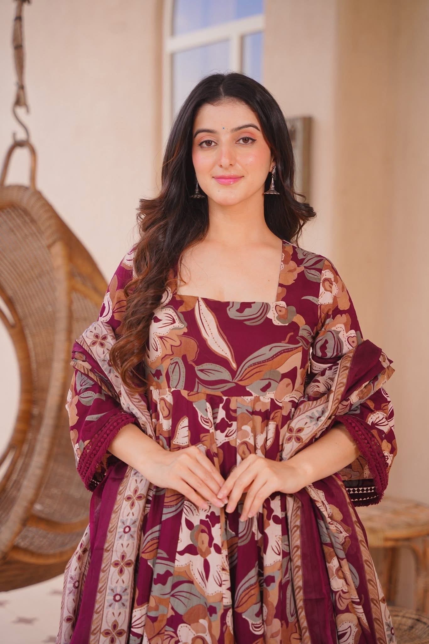 Invika Maroon Cotton Anarkali Suit Set
