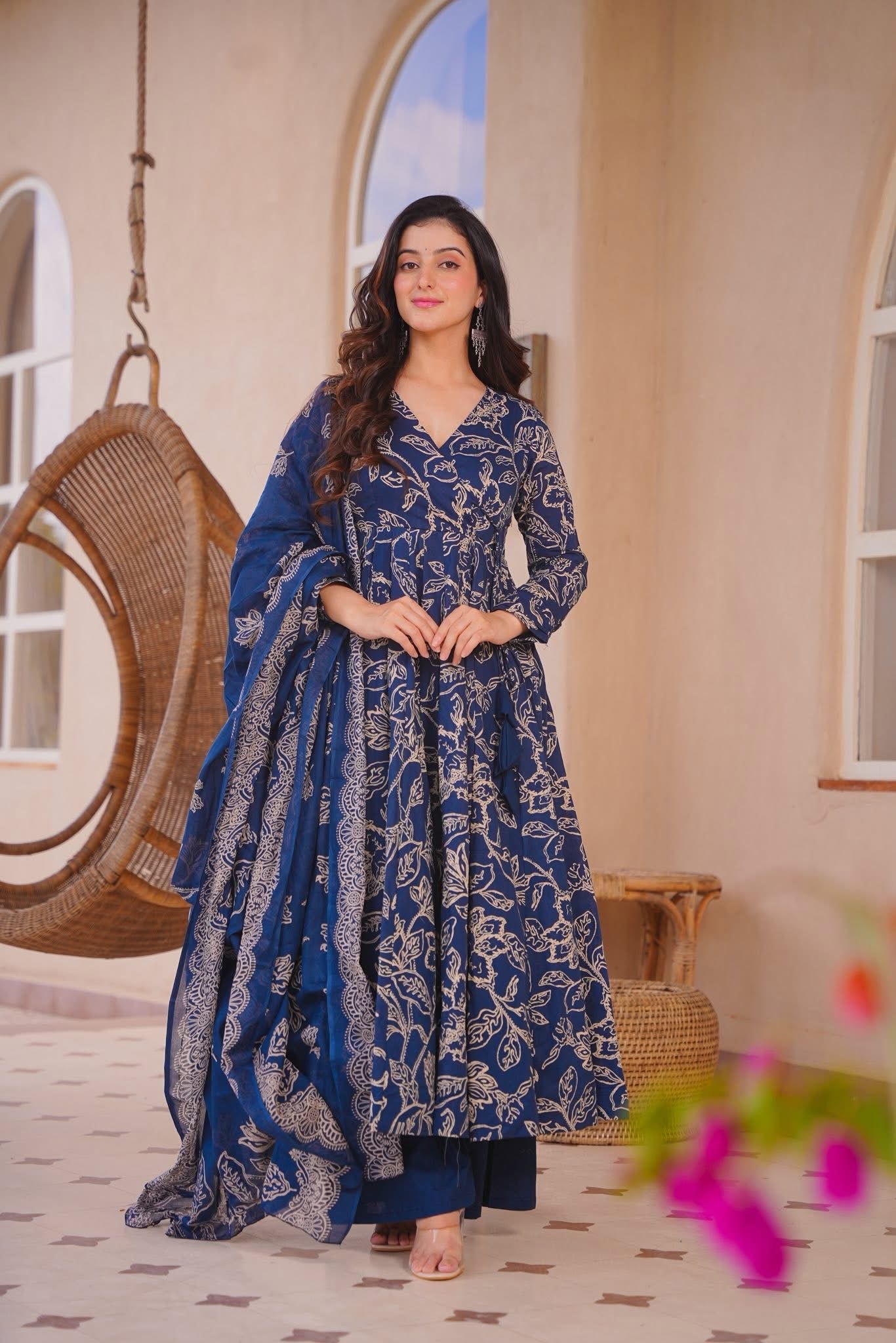 Buy Soumika Blue Cotton Anarkali Suit Set Online in India