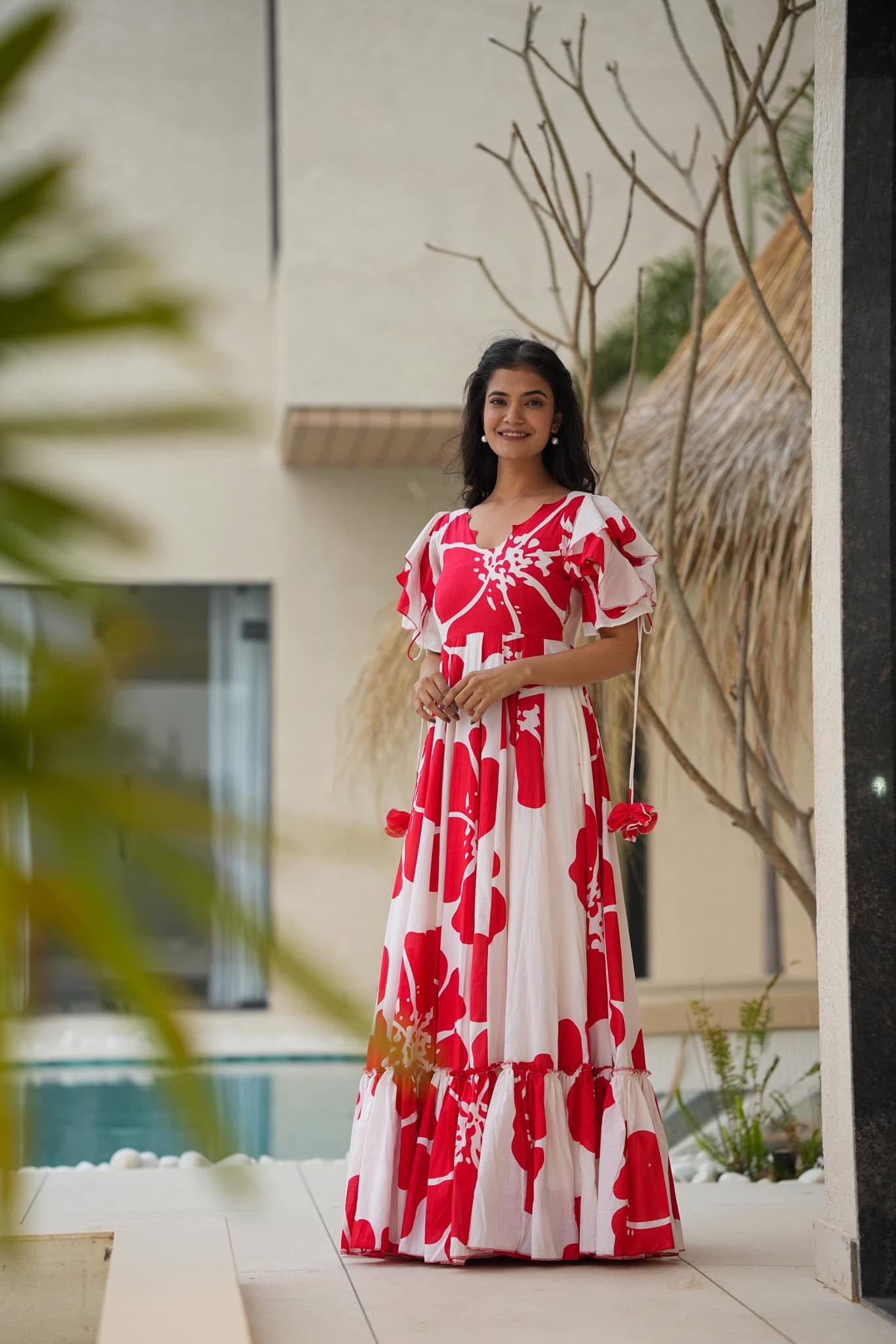 red maxi dress india India Boutique Long Maxi Dress Women's S Red Floral Smocked Adjustable Straps S