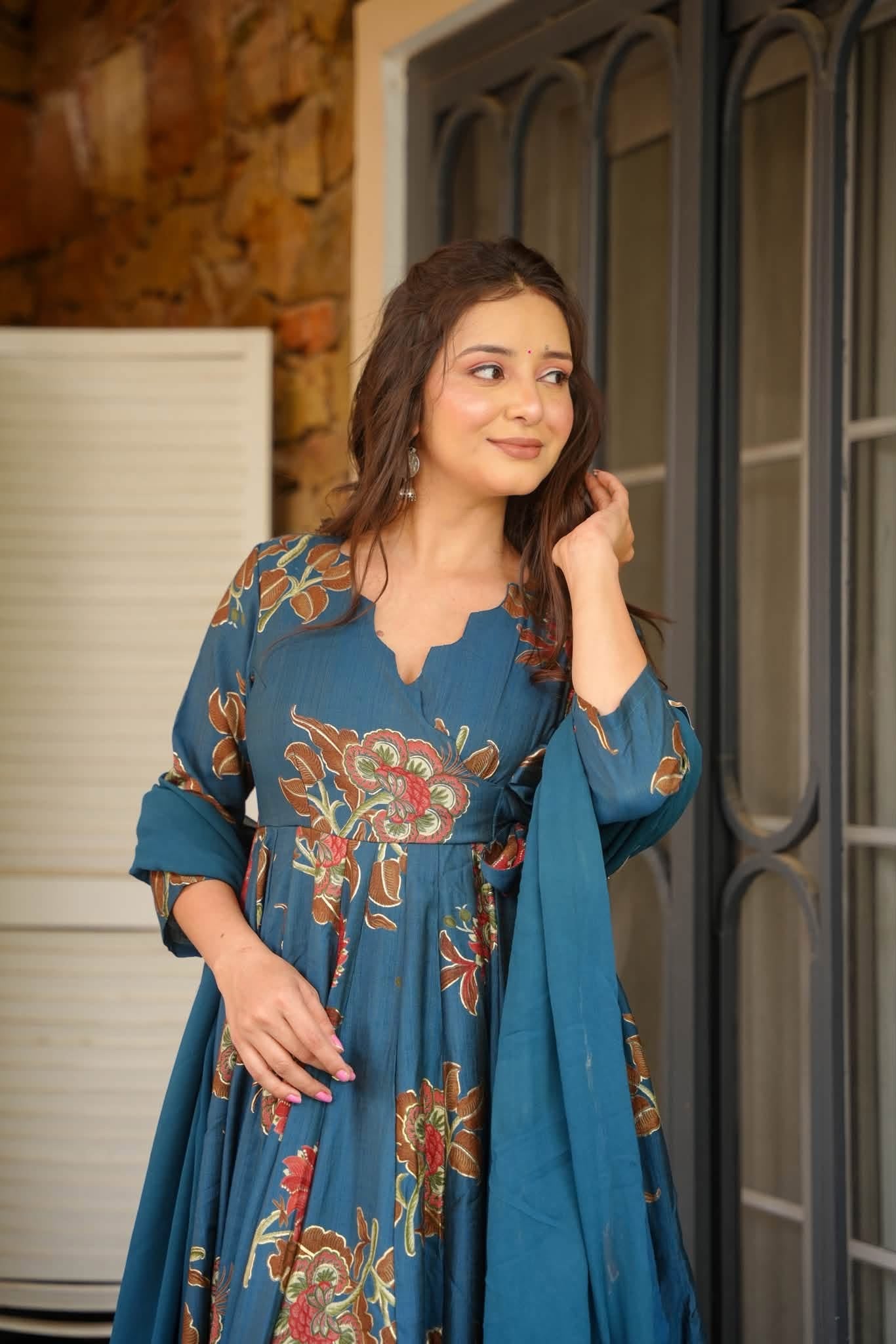 Hrishita Teal Cotton Anarkali Suit Set