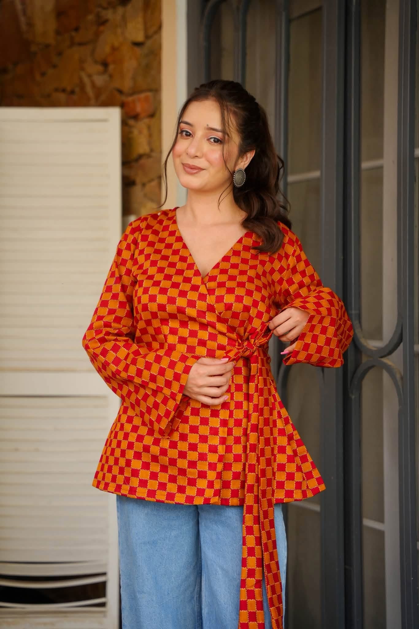 Yuna Checkered Wrap Top