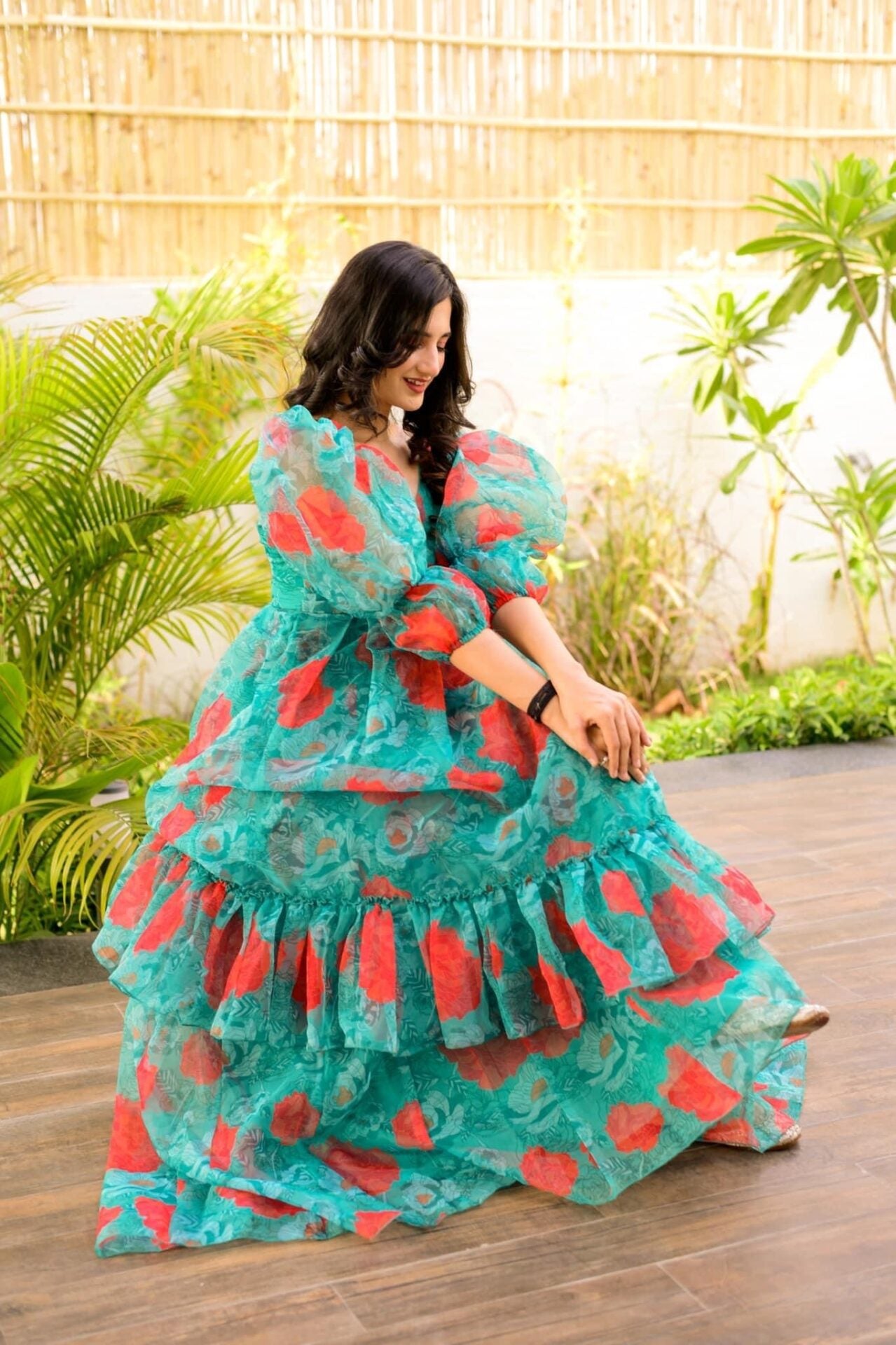 niti green floral organza dress