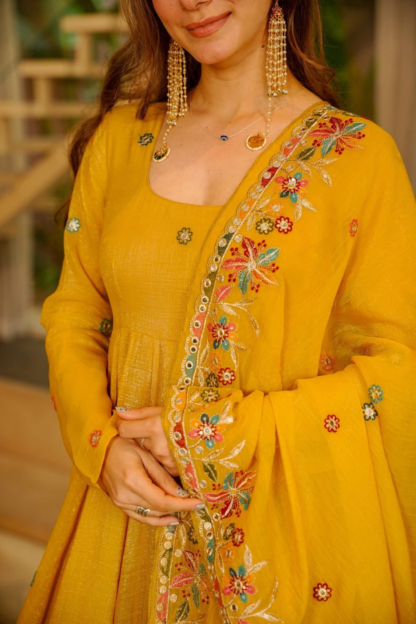 Nivriti Yellow Organza Anarkali Suit Set