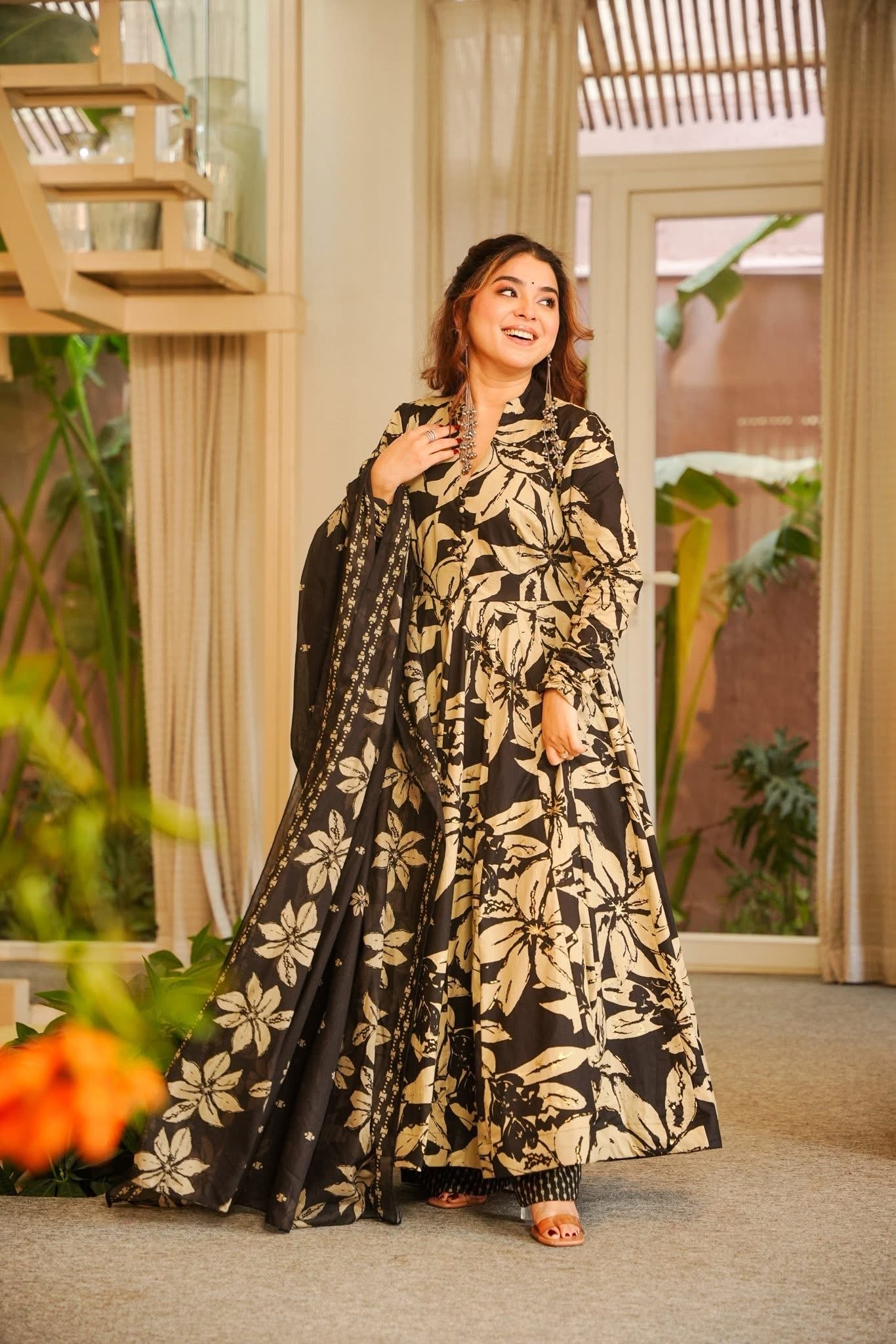 Buy Shab Black Cotton Anarkali Suit Set Online in India