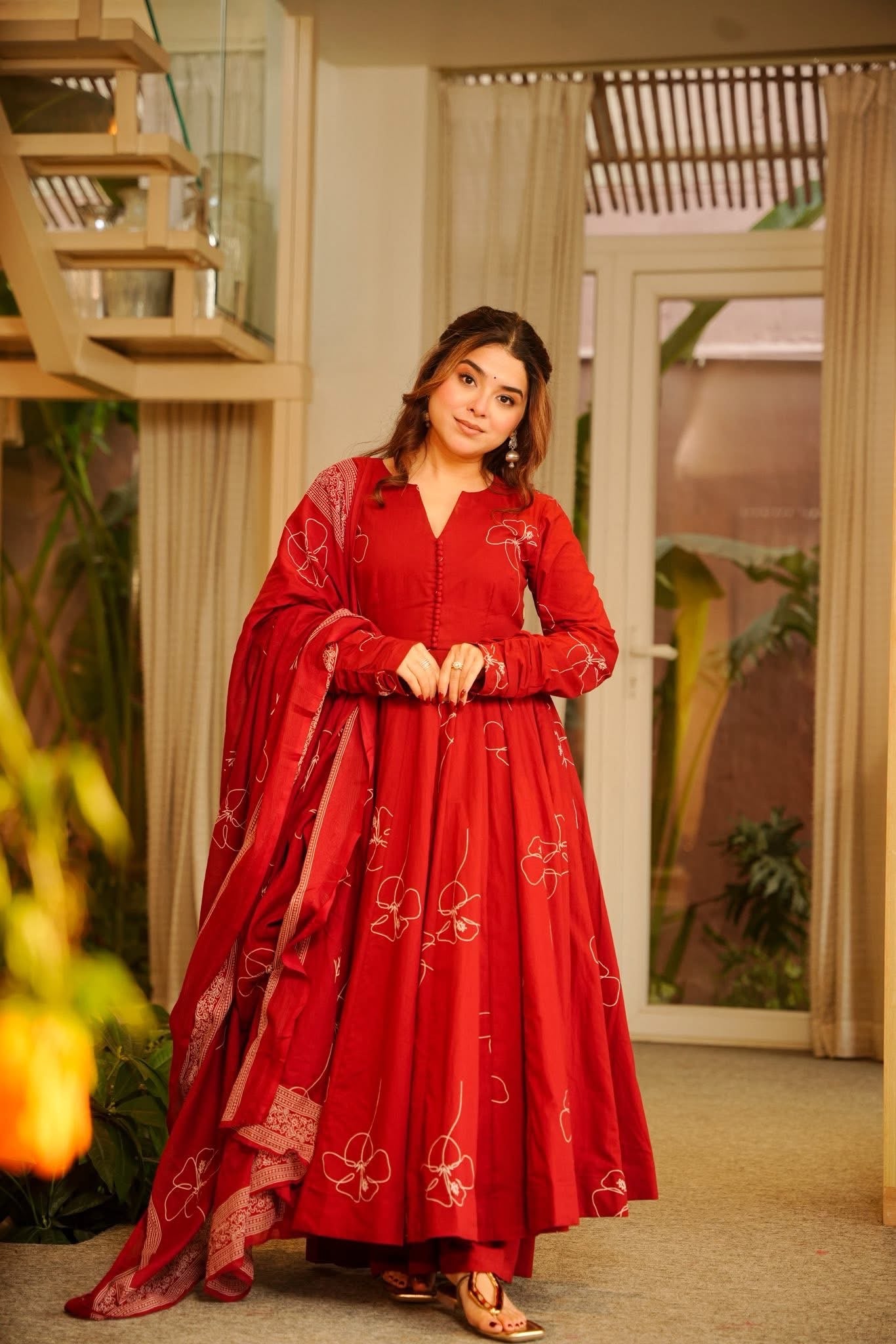 Maithali Red Cotton Anarkali Suit Set