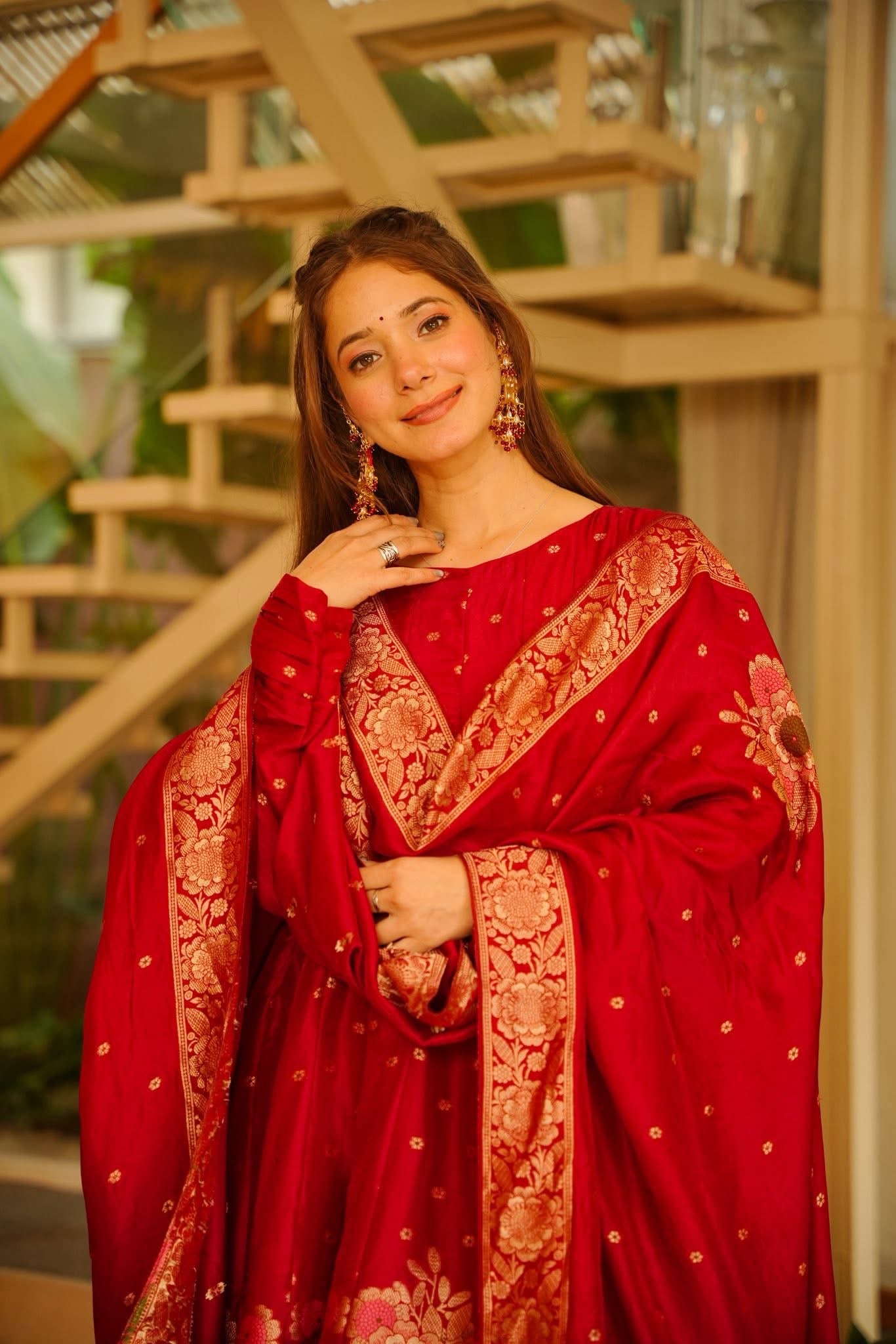 Airaani Red Silk Anarkali Suit Set