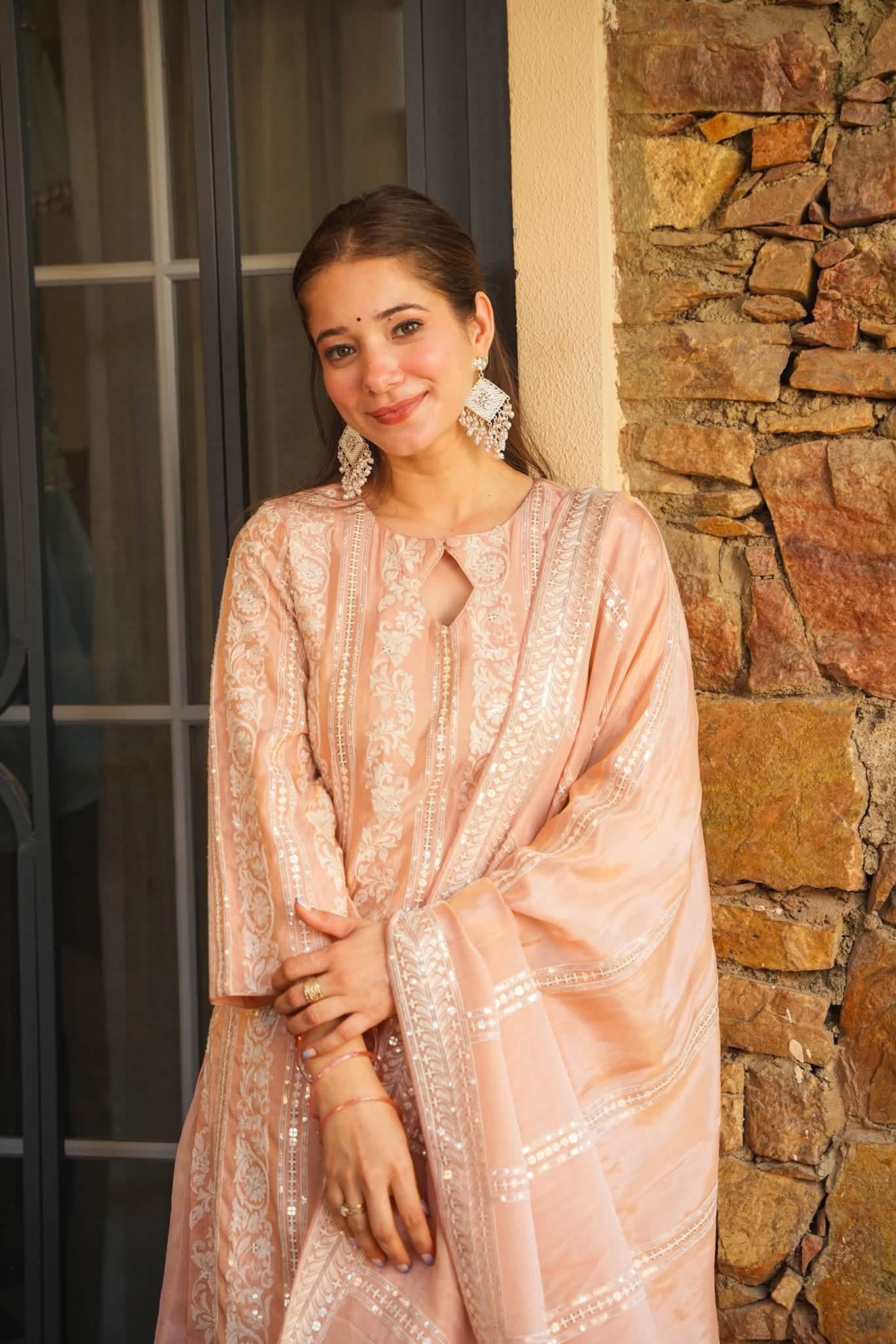 Pehrin Peach Heavy Embroidered Kurta Set
