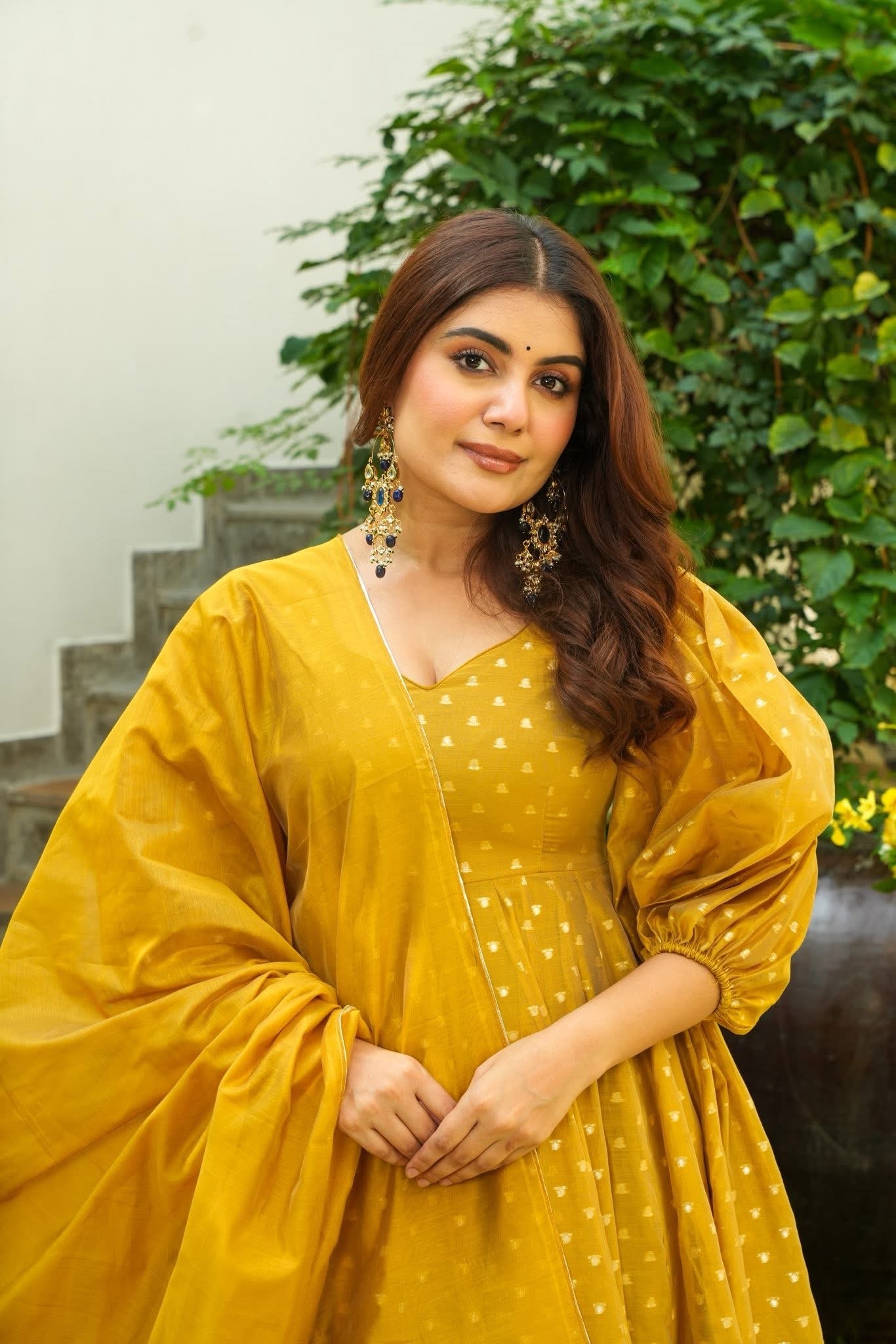 Tawny Puff Sleeves Anarkali Suit Set