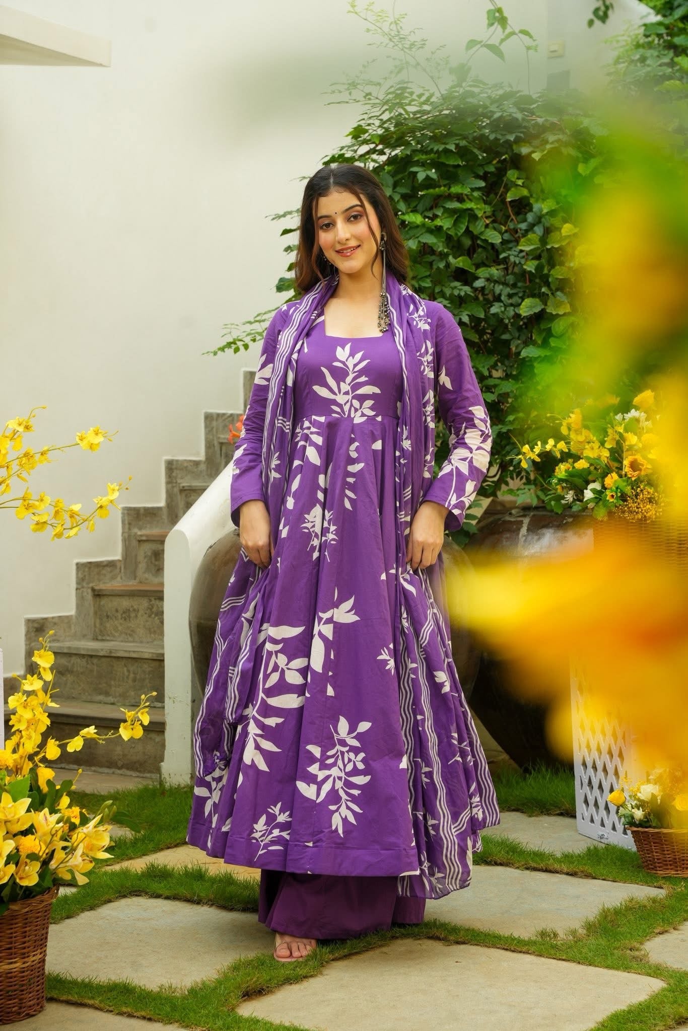 strapless open back dress Purple Embroidered Chinon Anarkali main image 0