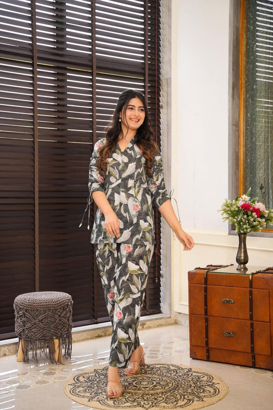 Grey & White Serene Cotton Duo Co Ord Set For Women