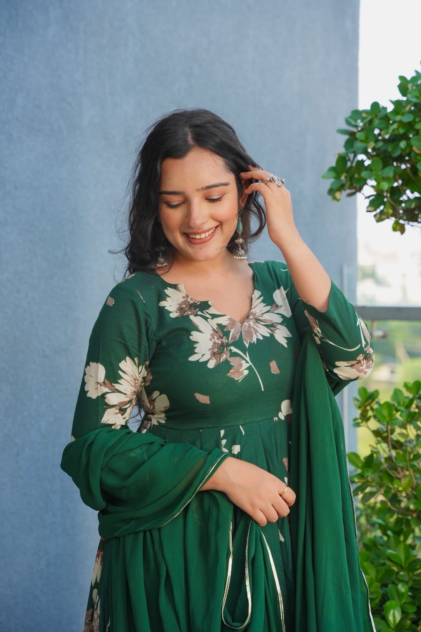 Gulfeta Green Cotton Anarkali Suit Set