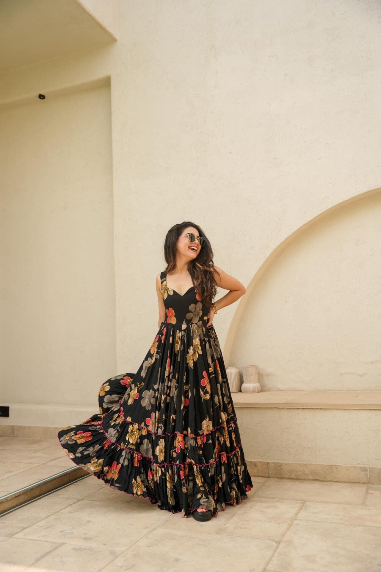 Black floral Designer Rayon Fit & Flare Maxi Gown Dress