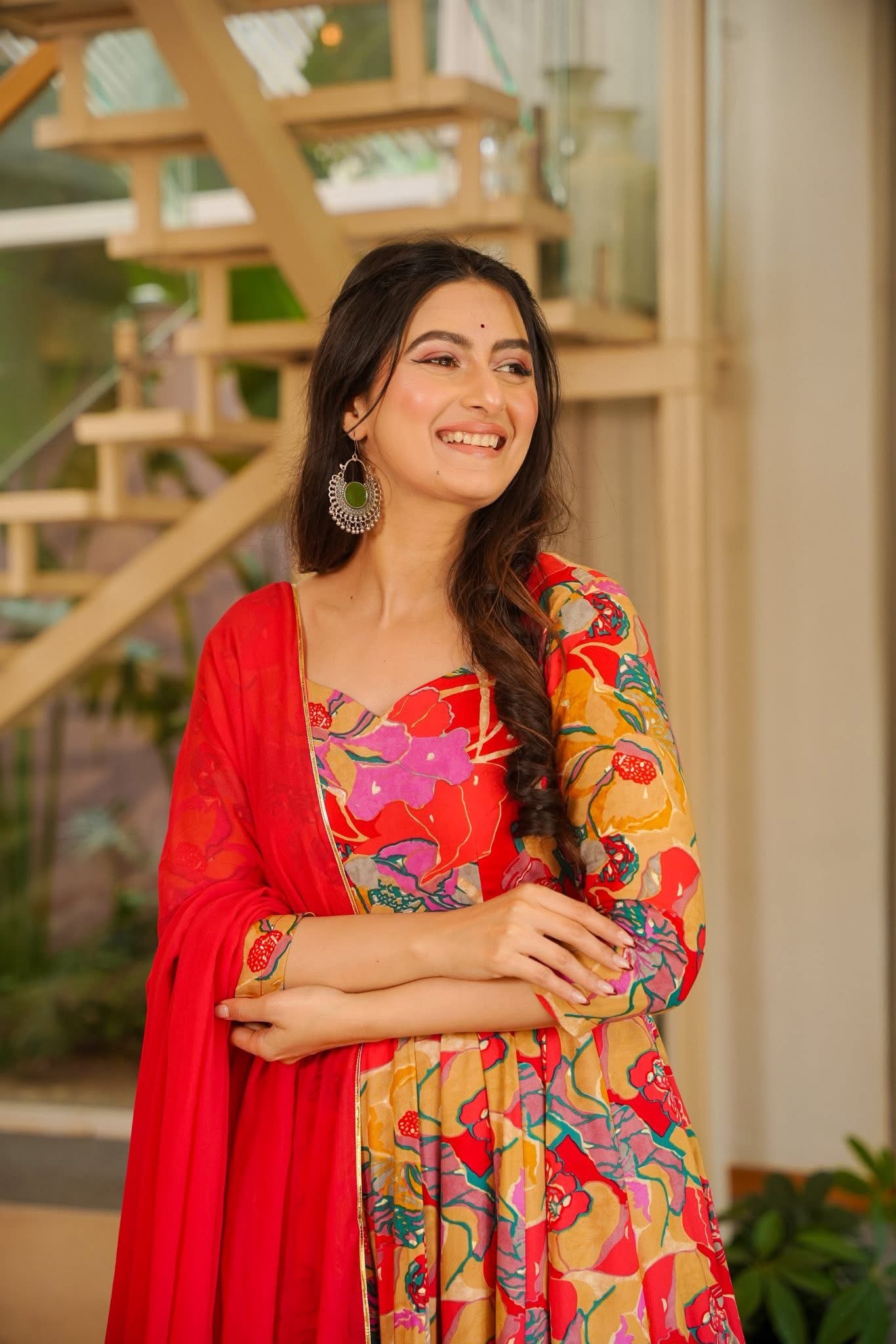 Aditi Red Floral Print Rayon Suit Set