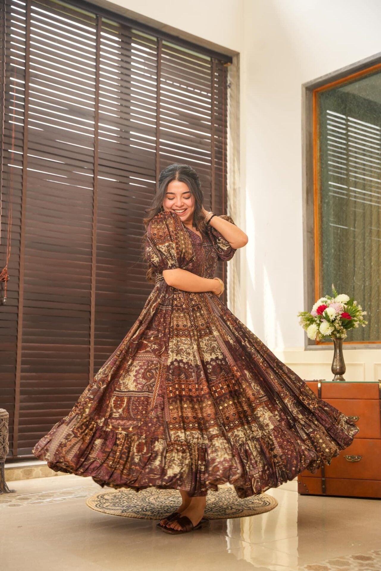 Buy Brown Print Puffed Sleeve Aries Designer Muslin Long dress Online in India | Idaho Clothing Buy Brown Print Puffed Sleeve Aries Designer Muslin Long dress Online in India | Idaho Clothing