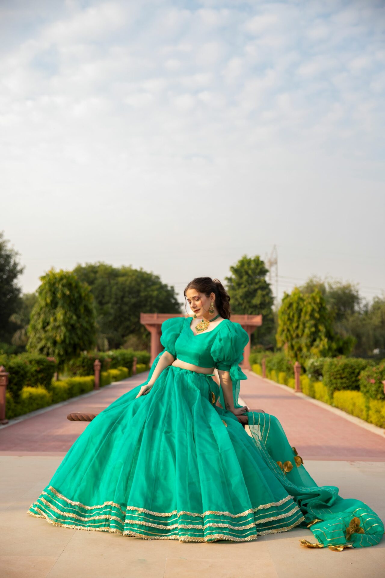 SHALE GREEN ORGANZA LEHENGA