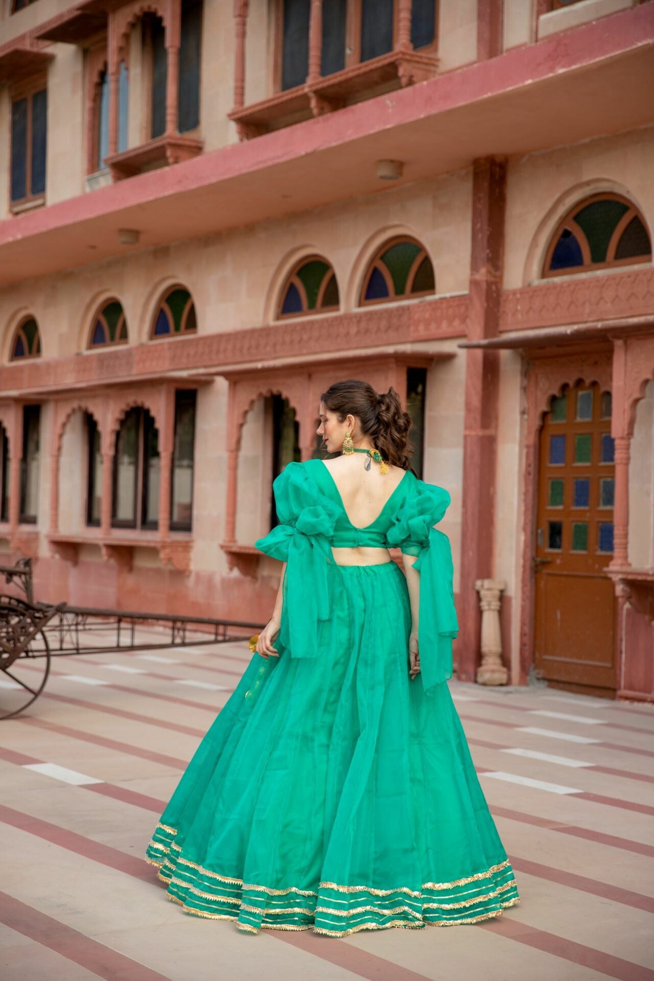 SHALE GREEN ORGANZA LEHENGA