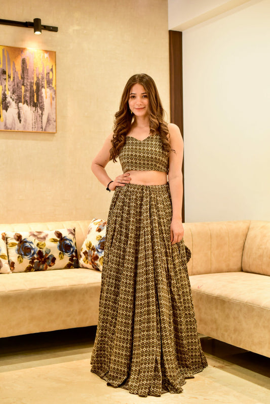 niladri brown croptop skirt set