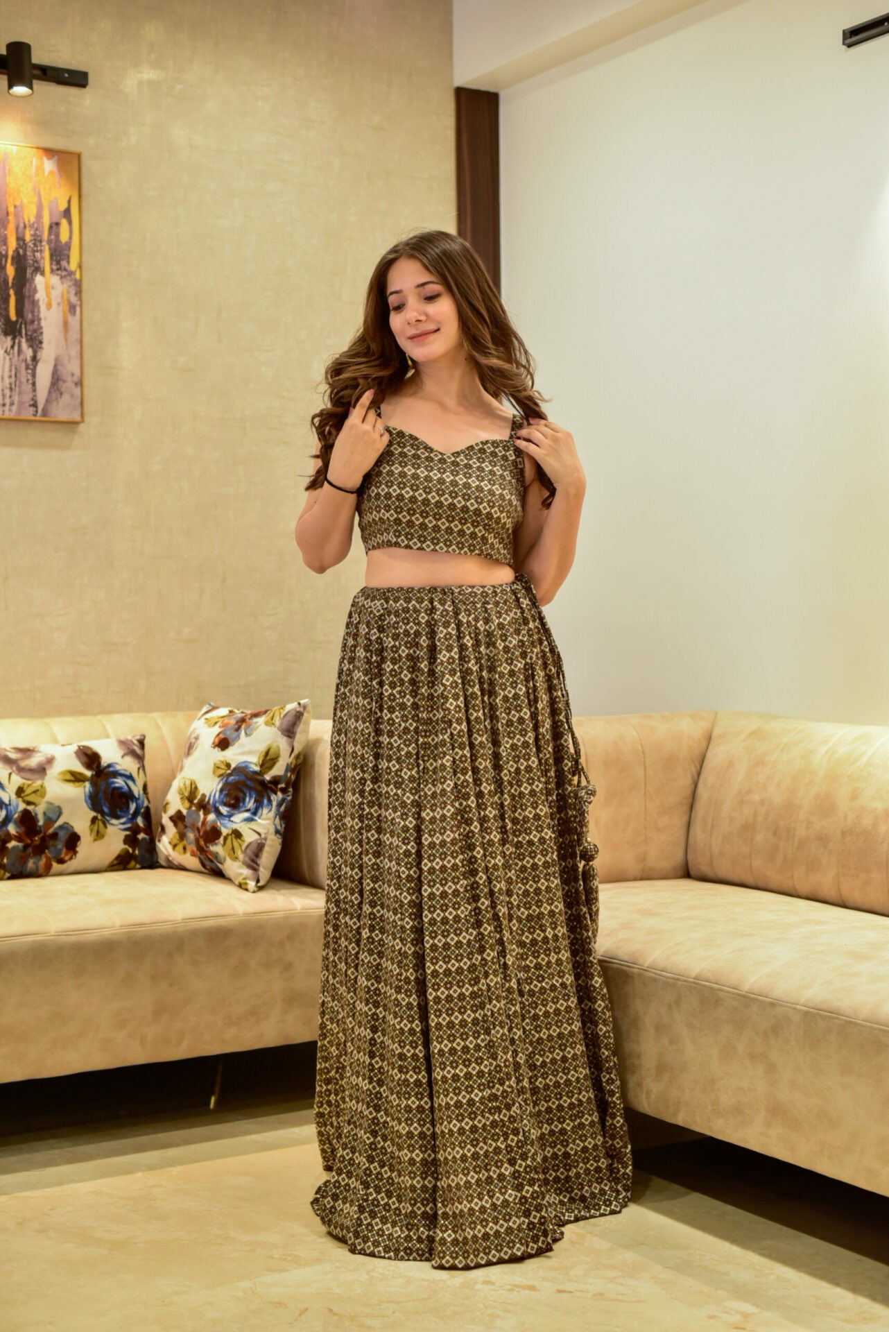 niladri brown croptop skirt set