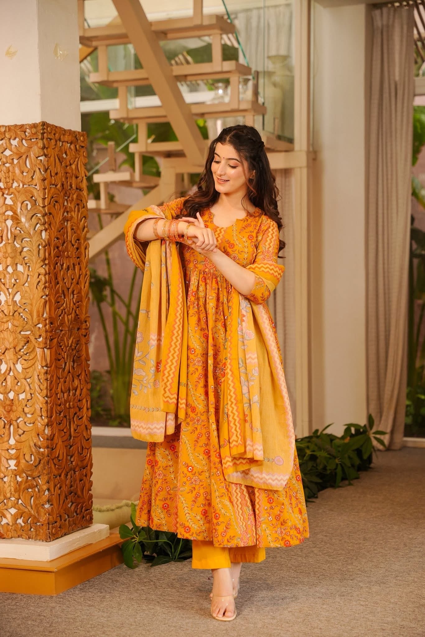 Bavira Yellow Cotton Anarkali Suit Set