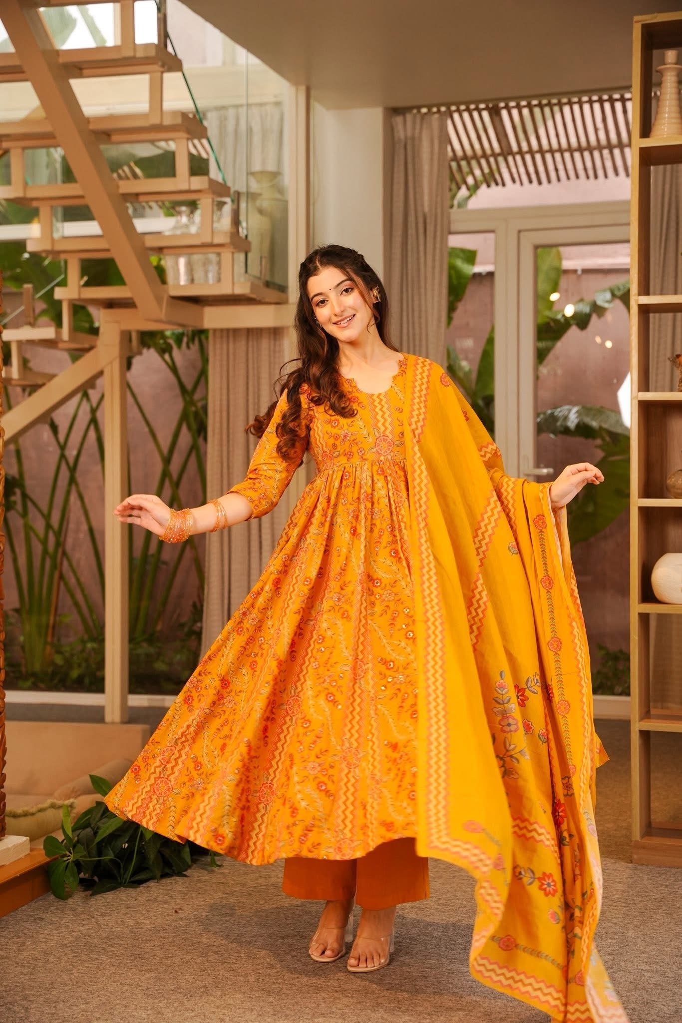 Bavira Yellow Cotton Anarkali Suit Set