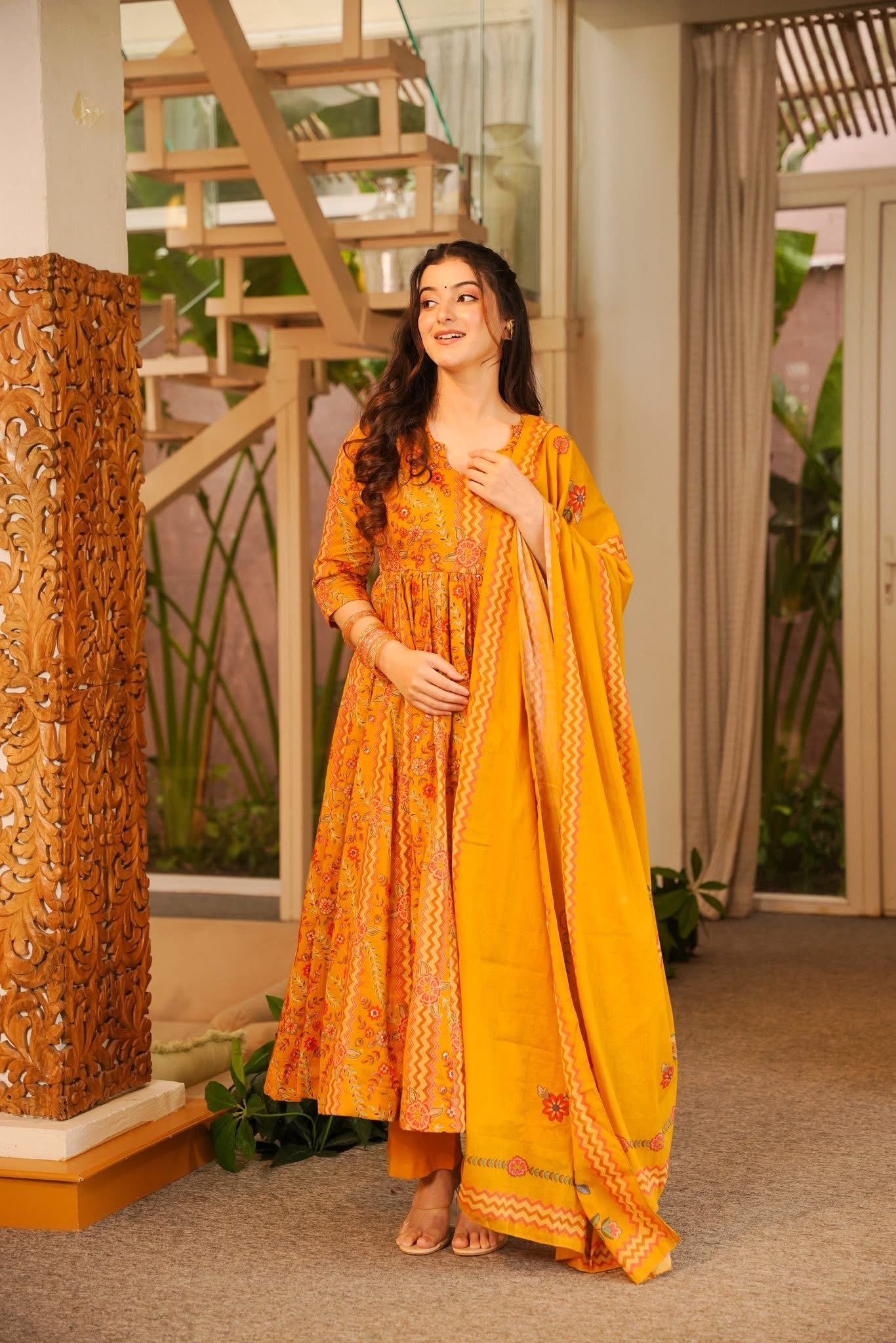 Bavira Yellow Cotton Anarkali Suit Set