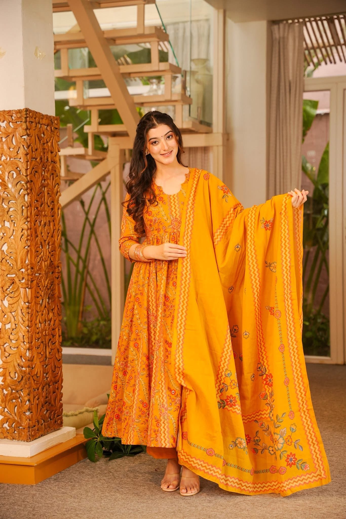 Bavira Yellow Cotton Anarkali Suit Set