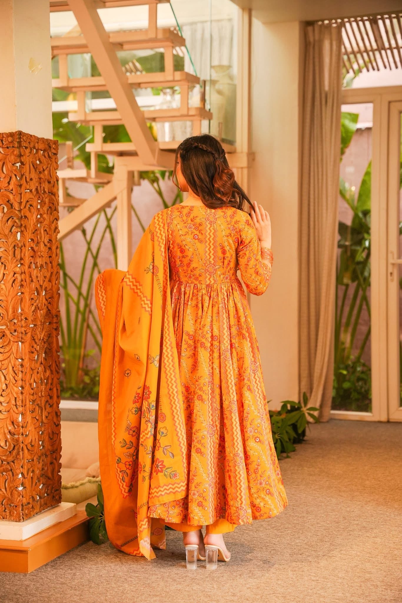 Bavira Yellow Cotton Anarkali Suit Set