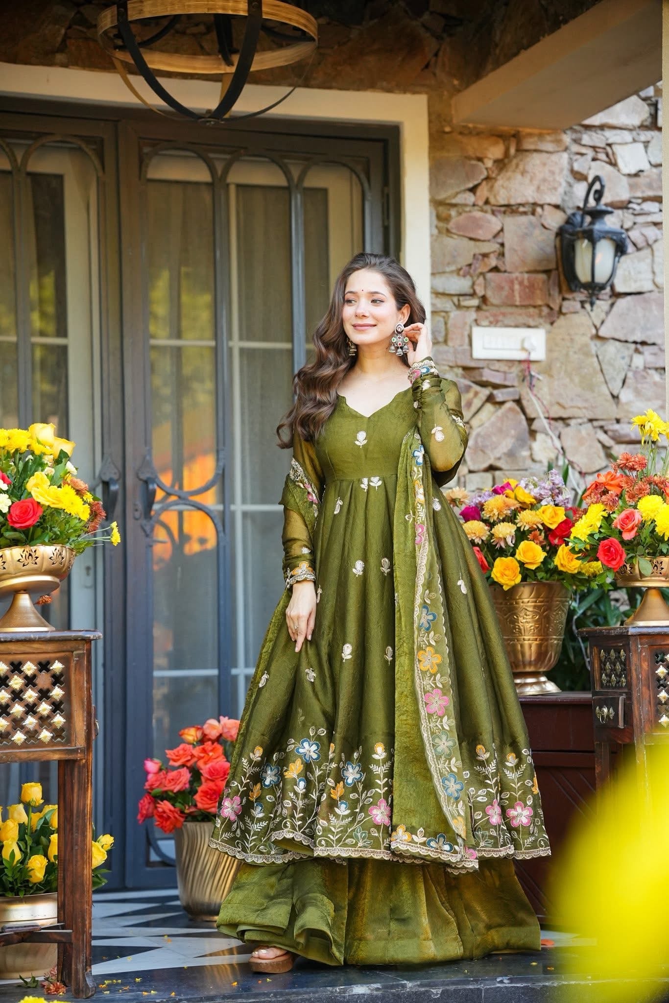 Vatsala Green Organza Anarkali Suit Set