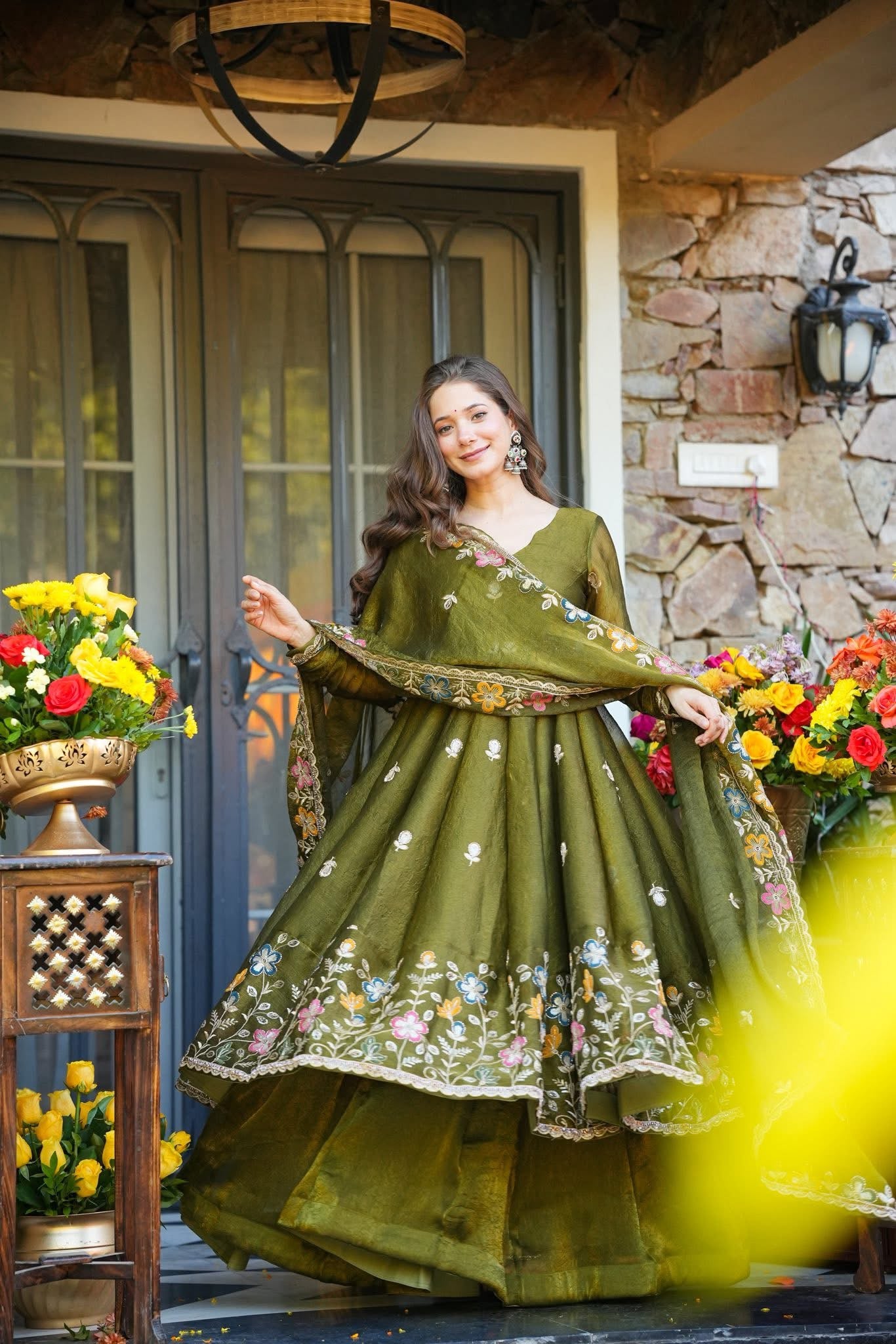 Vatsala Green Organza Anarkali Suit Set
