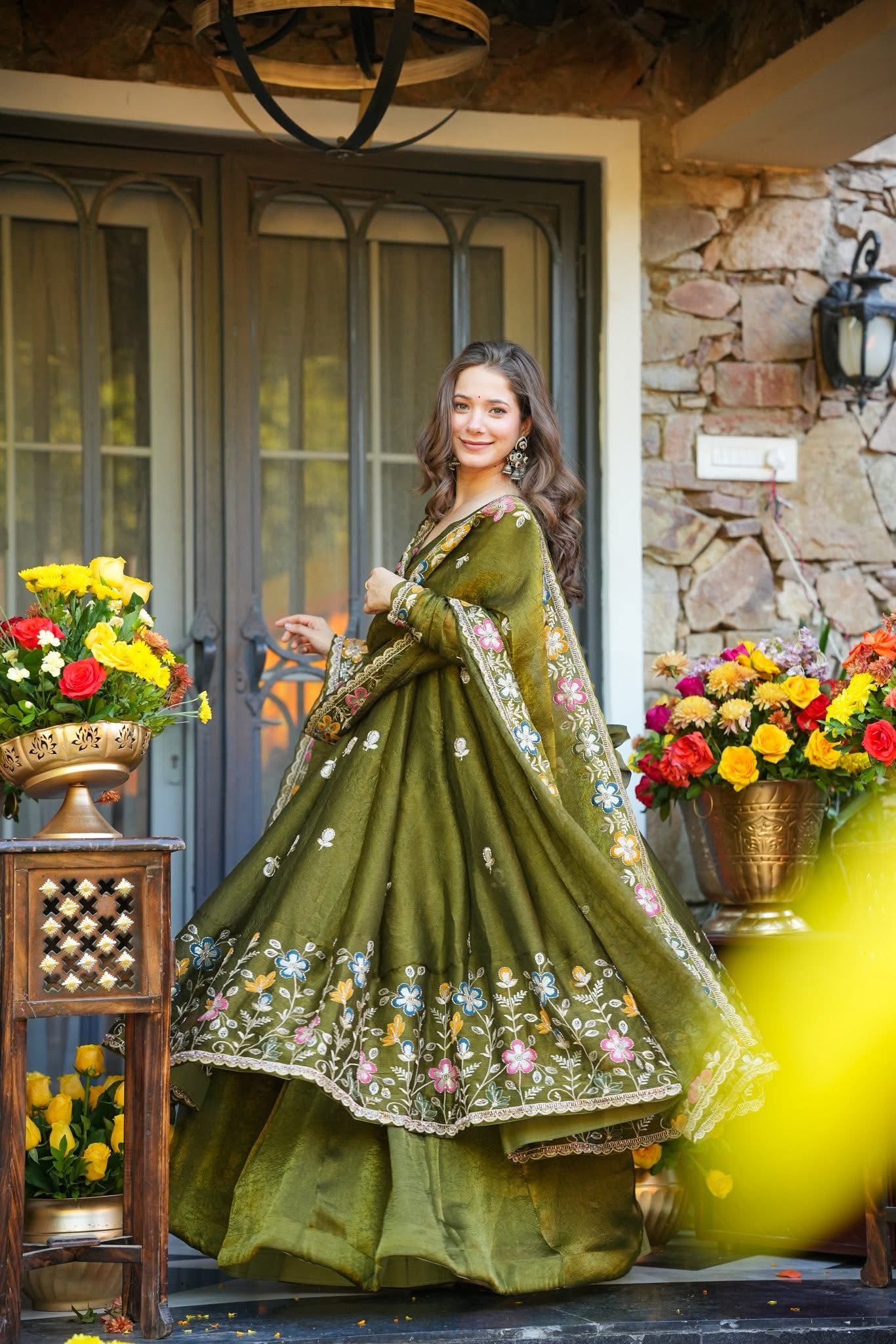 Vatsala Green Organza Anarkali Suit Set
