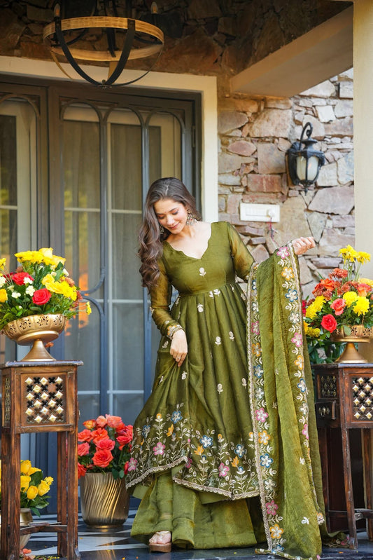 Vatsala Green Organza Anarkali Suit Set