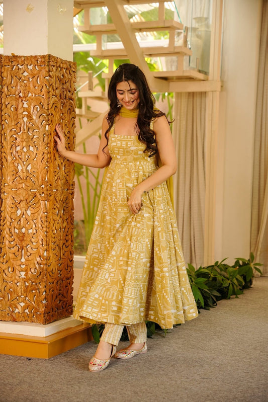 Hazel Printed Cotton Anarkali Suit Set