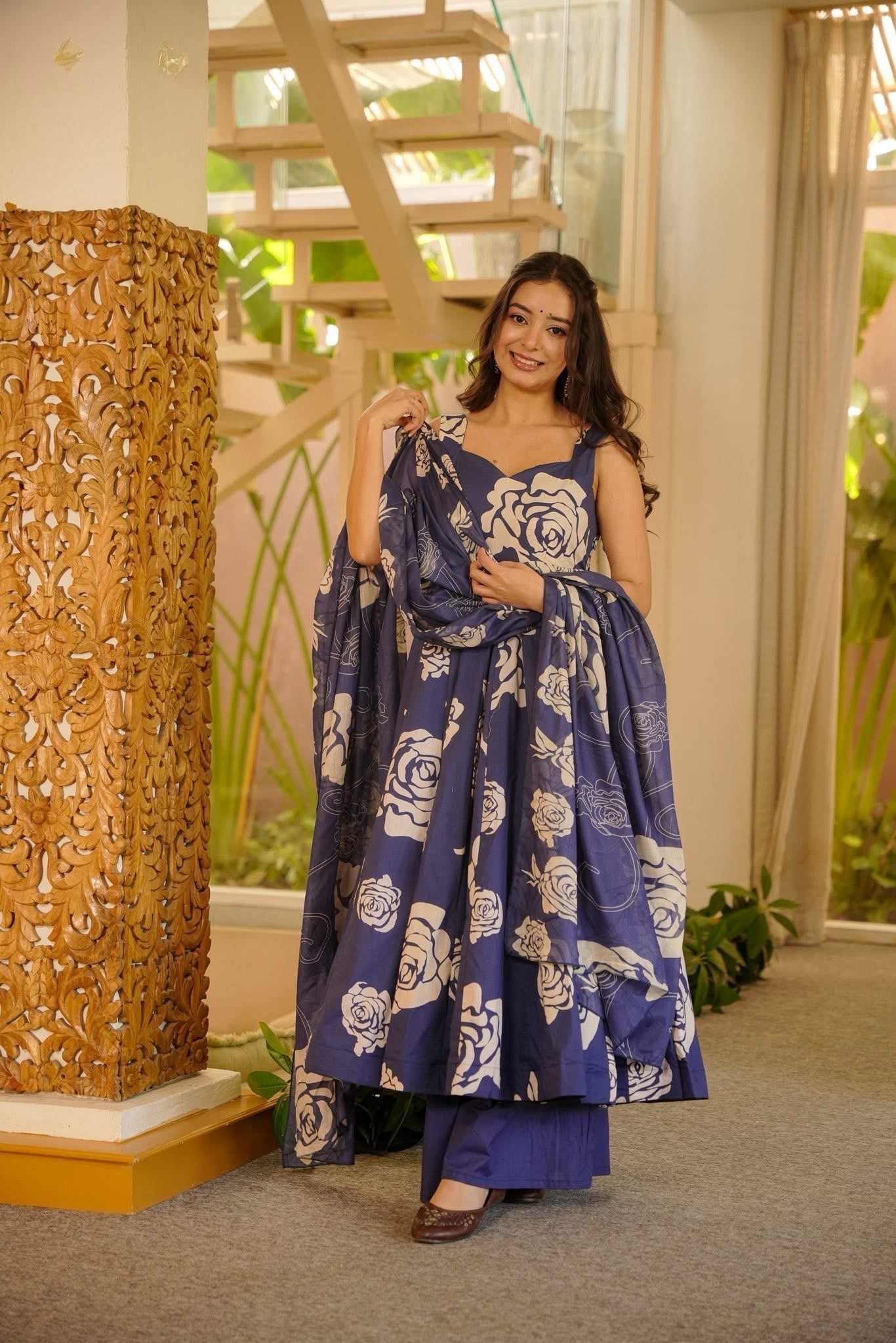 Dhvija Purple Cotton Anarkali Suit Set