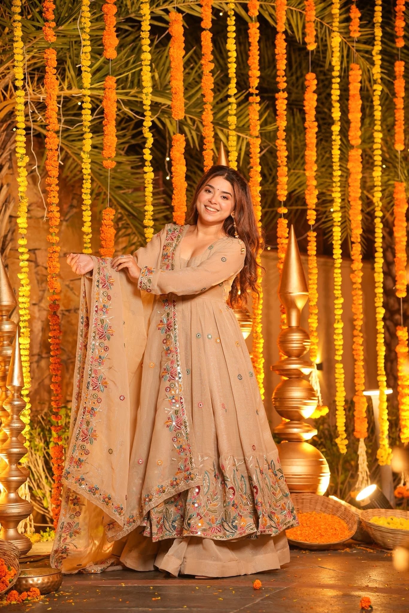 Sihra Beige Floral Anarkali Suit Set