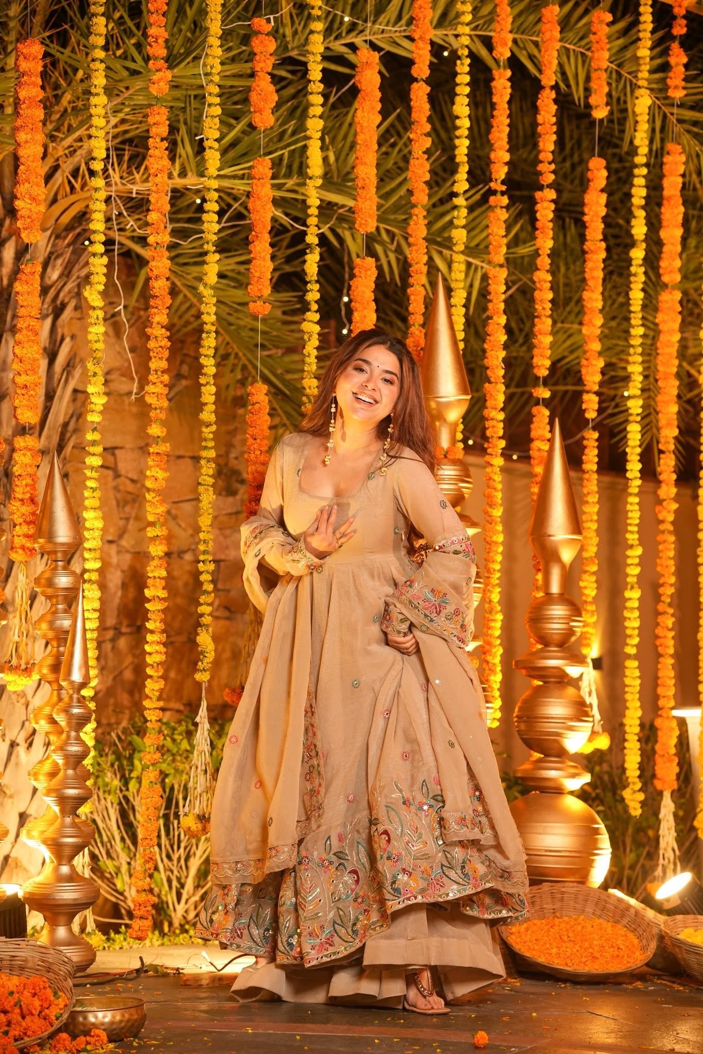 Sihra Beige Floral Anarkali Suit Set