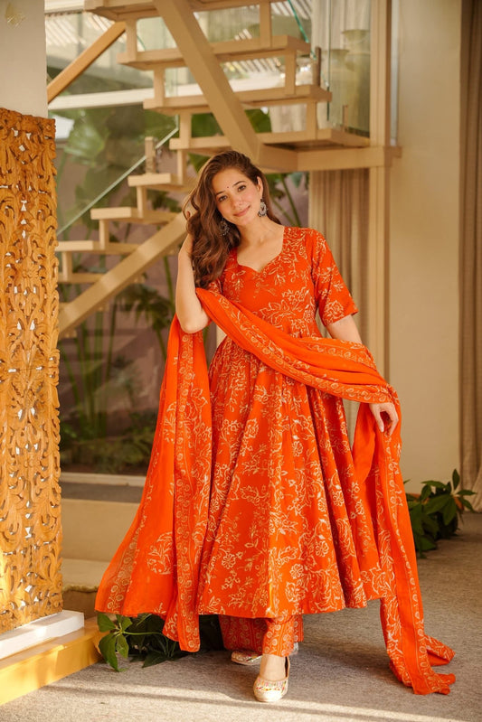 Rujul Orange Cotton Anarkali Suit Set