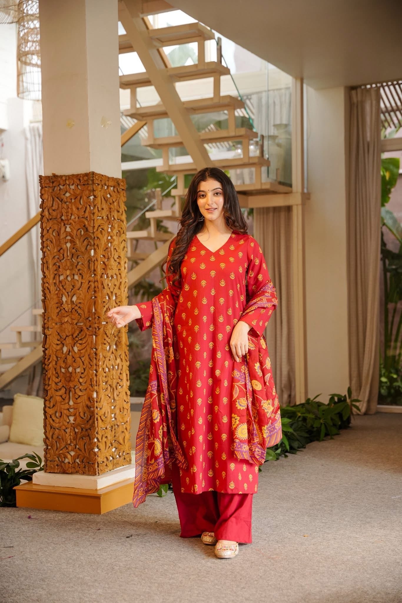 Farzana Red Cotton Kurta Set
