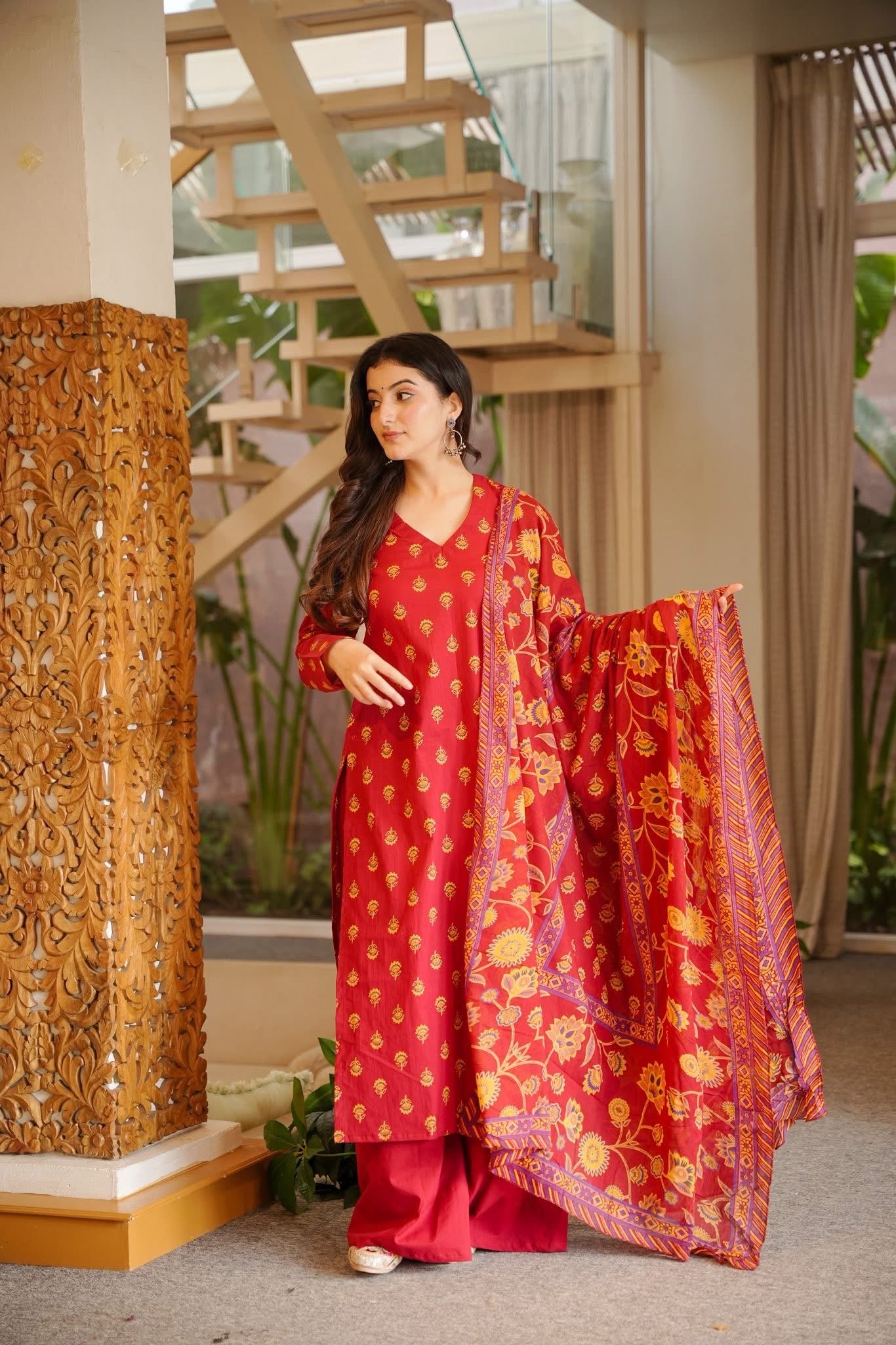Farzana Red Cotton Kurta Set