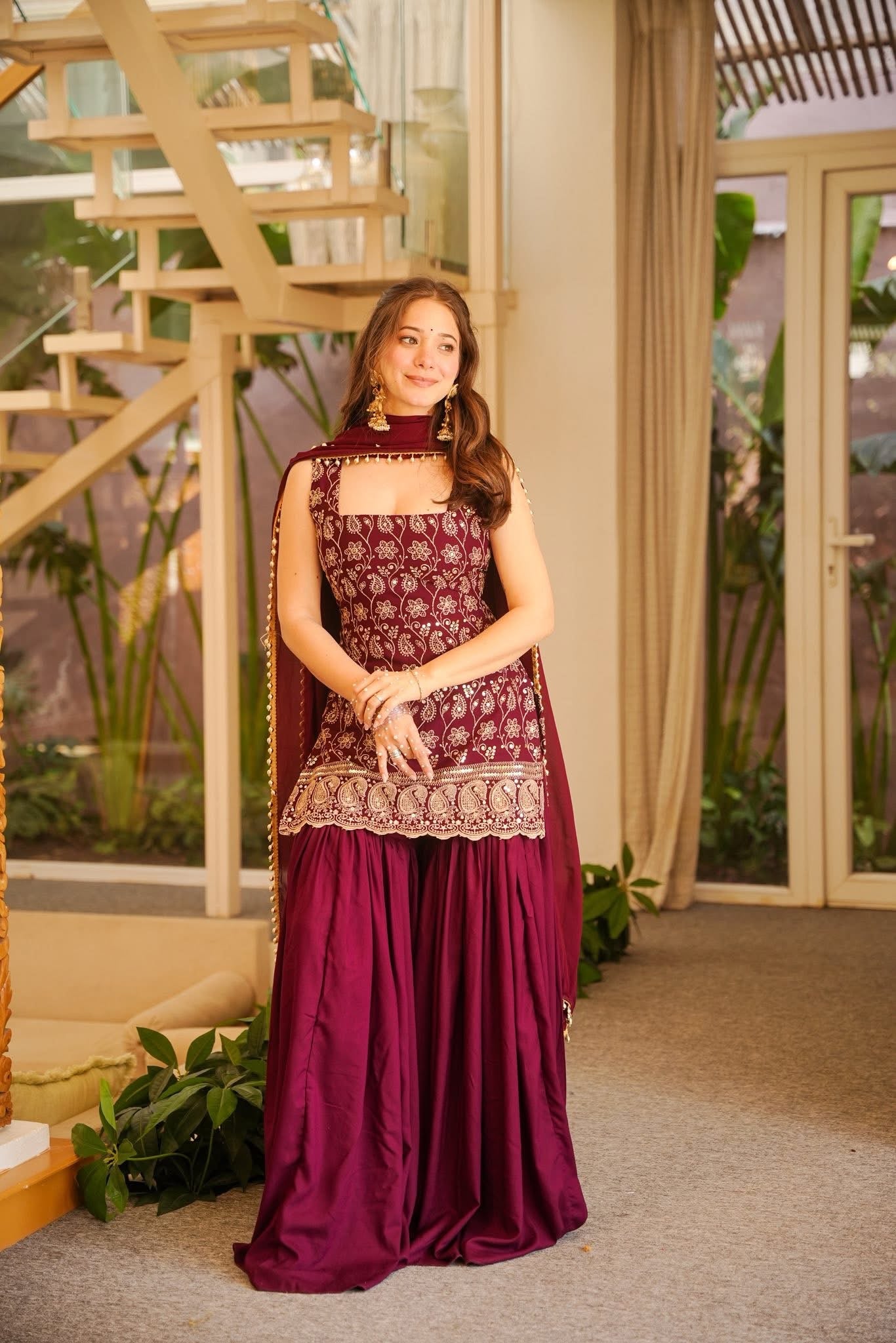 Hina Maroon Heavy Embroidered Sharara Set