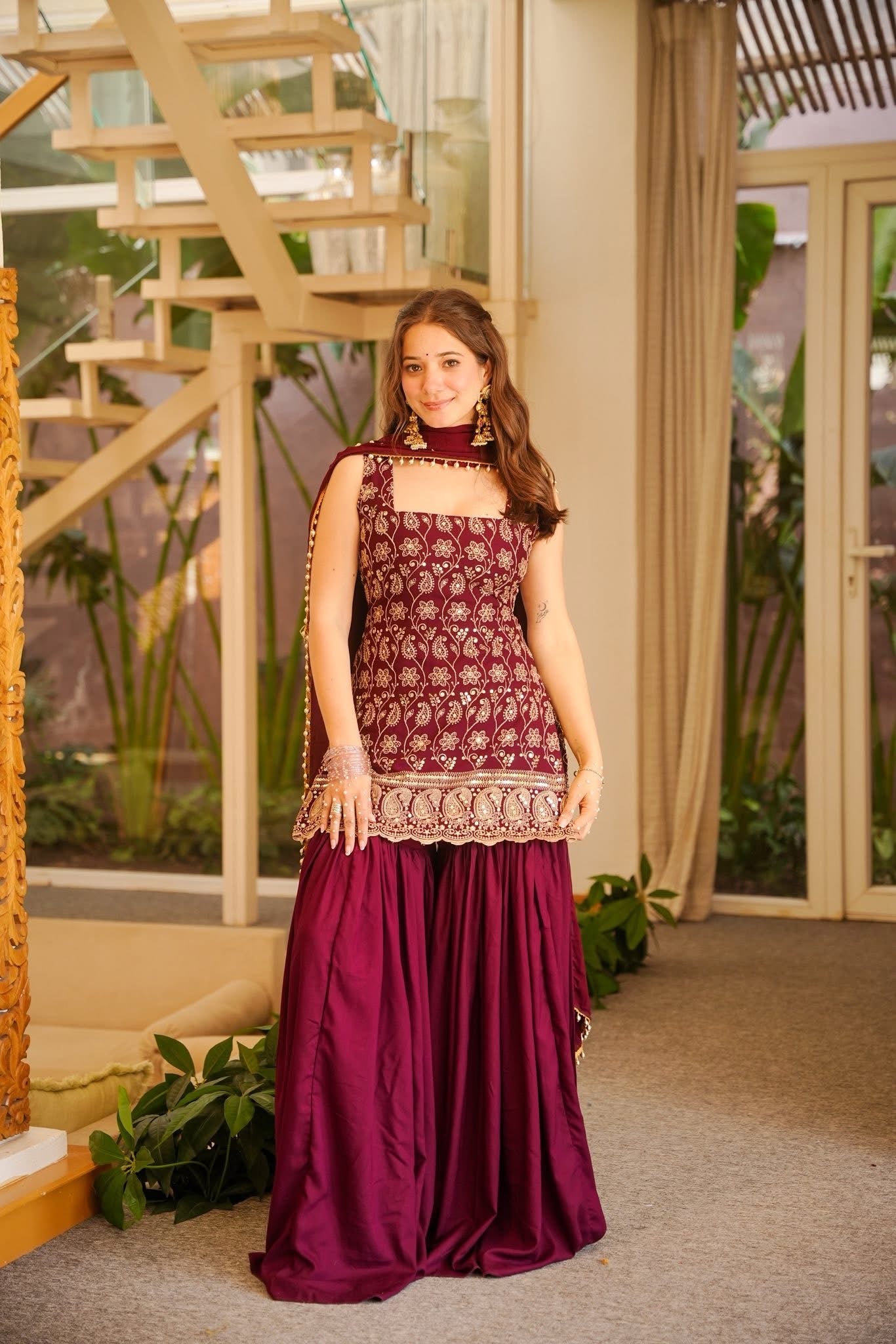 Hina Maroon Heavy Embroidered Sharara Set