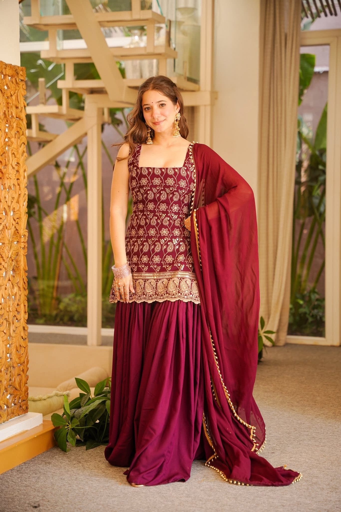 Hina Maroon Heavy Embroidered Sharara Set